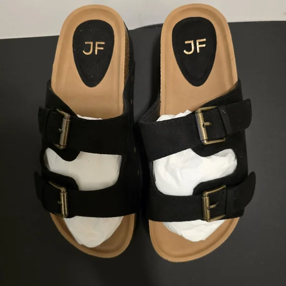 JUSTFAB Black Platform Sandals Slip On Flat Shoes Casual Summer Vacay Size 9 - Picture 5 of 14
